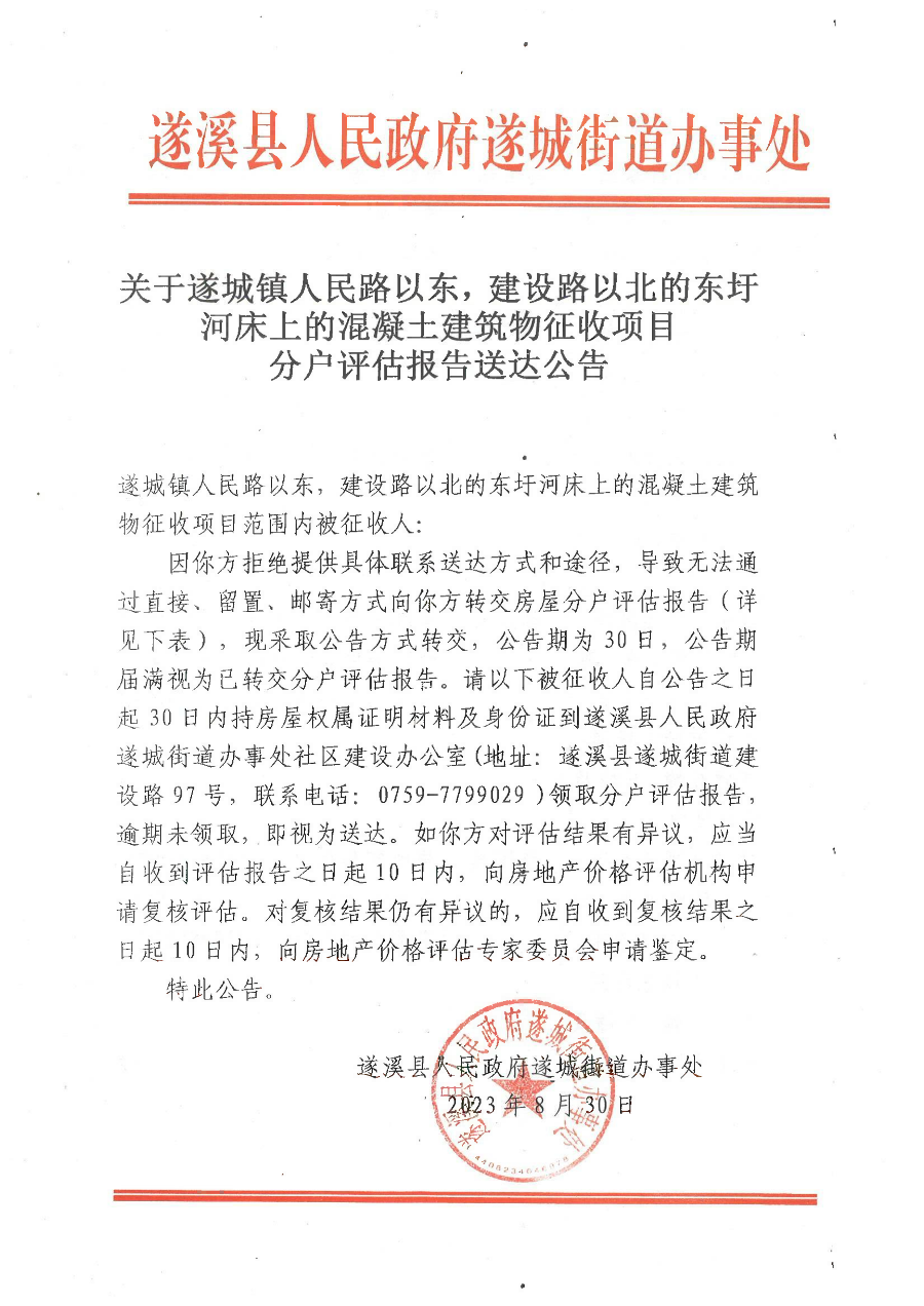 關(guān)于遂城鎮(zhèn)人民路以東，建設(shè)路以北的東圩河床上的混凝土建筑物征收項(xiàng)目分戶評估報(bào)告送達(dá)公告.bmp