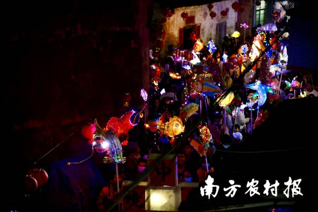 夜幕降臨，北坡游魚(yú)流光溢彩。